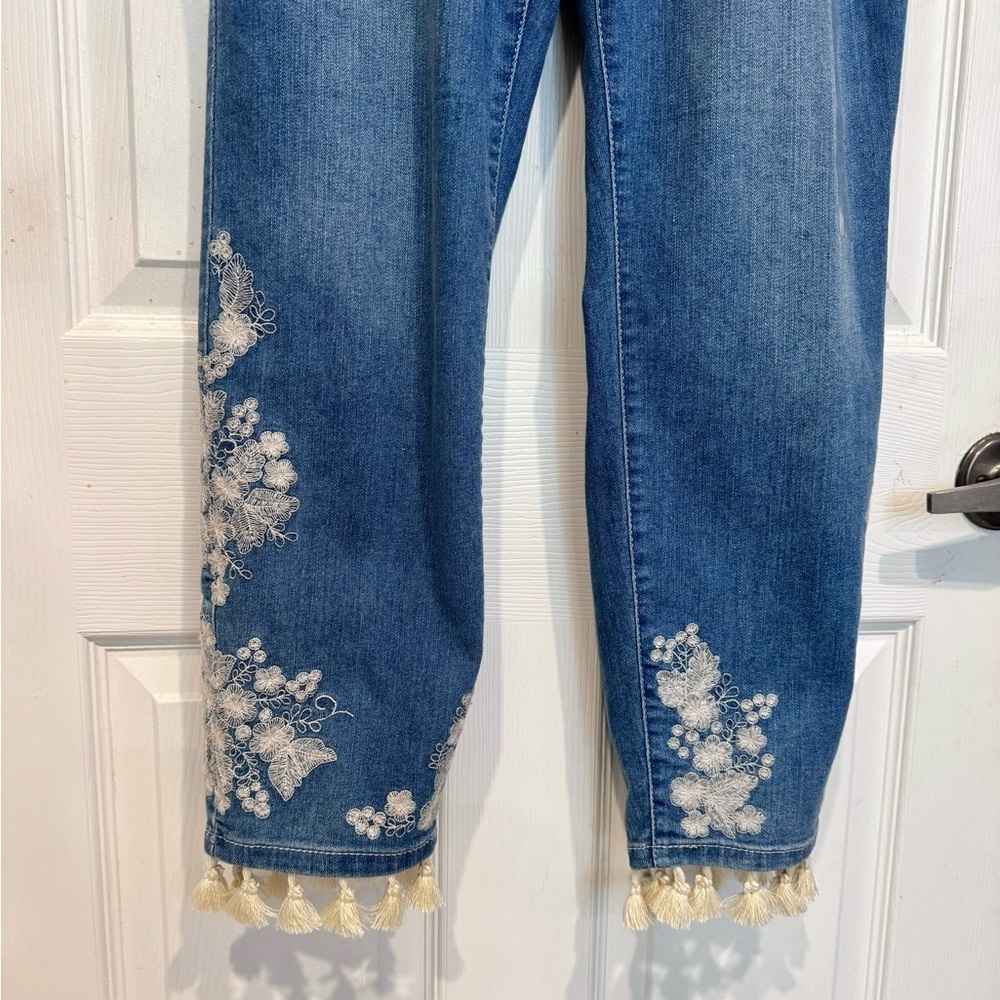 Flutter & Kick Skinny Ankle Floral Embroidered Tassel Maternity Jeans Size 14